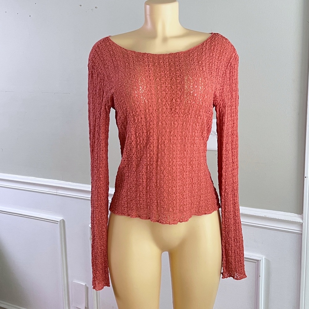 Natural Life Lace Top Womens Medium Long Sleeve Scoop Neck Boho Coral Pink Mesh